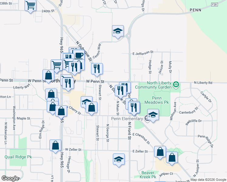 map of restaurants, bars, coffee shops, grocery stores, and more near 423 North Dubuque Street in North Liberty