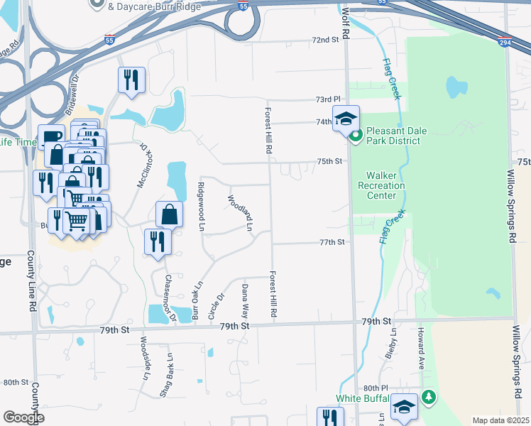 map of restaurants, bars, coffee shops, grocery stores, and more near 7616 Forest Hill Road in Burr Ridge