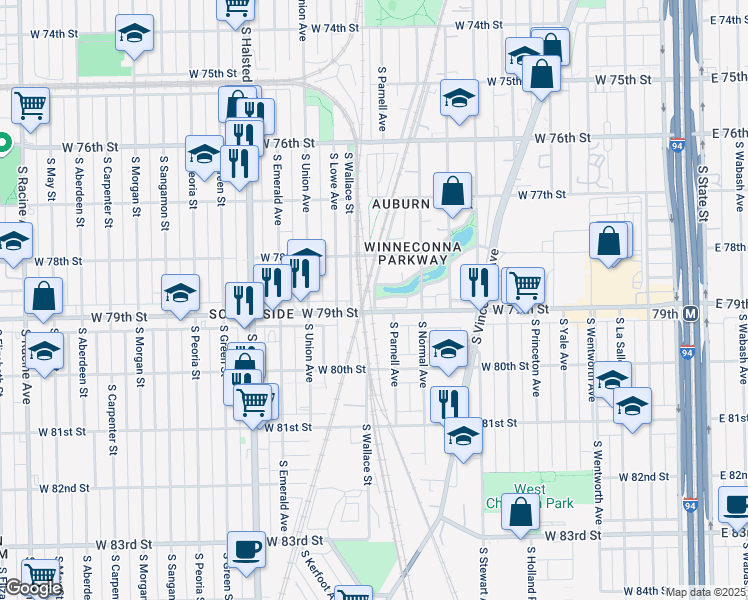 map of restaurants, bars, coffee shops, grocery stores, and more near 7849 South Fielding Avenue in Chicago