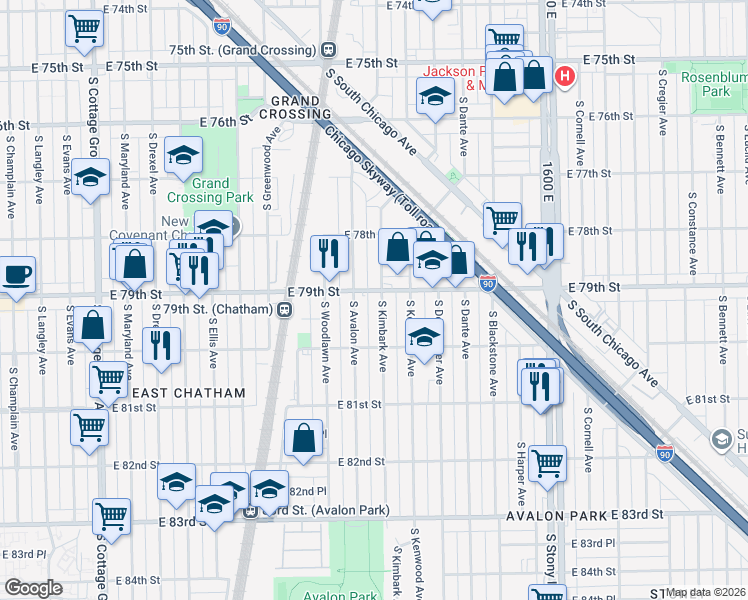 map of restaurants, bars, coffee shops, grocery stores, and more near 7906 South Kimbark Avenue in Chicago
