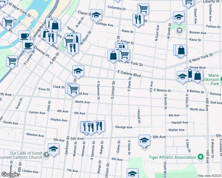 map of restaurants, bars, coffee shops, grocery stores, and more near 637 East Benton Street in Aurora