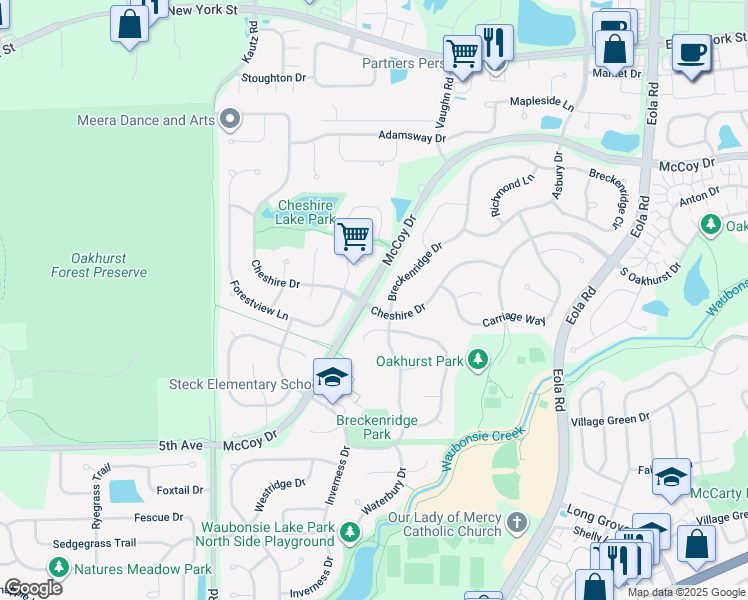 map of restaurants, bars, coffee shops, grocery stores, and more near 2480 Cheshire Drive in Aurora