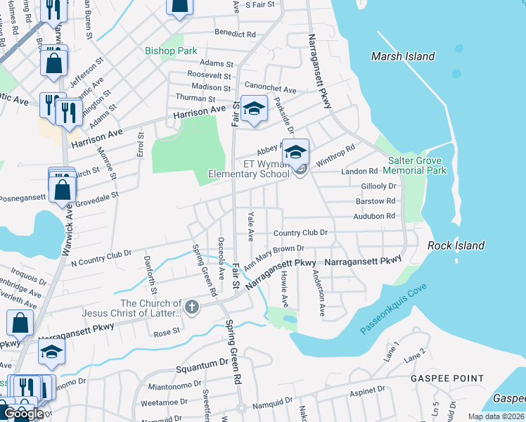 map of restaurants, bars, coffee shops, grocery stores, and more near 46 North Country Club Drive in Warwick
