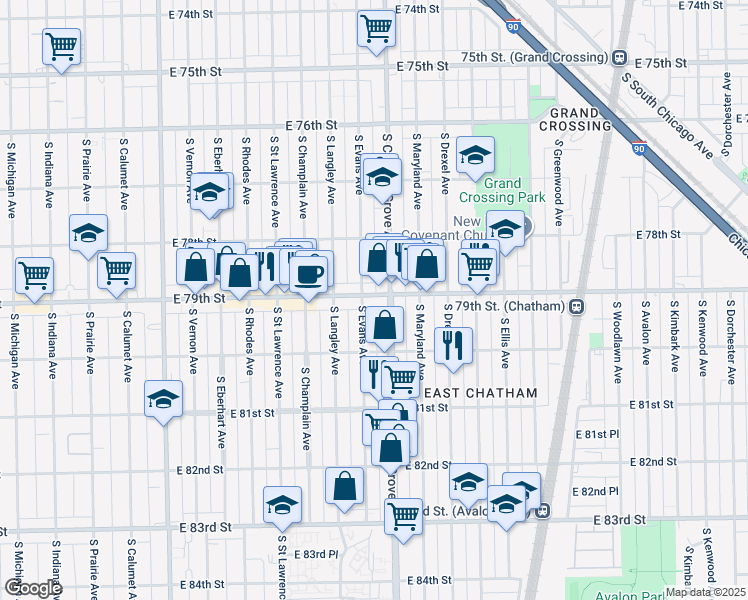 map of restaurants, bars, coffee shops, grocery stores, and more near 741 East 79th Street in Chicago