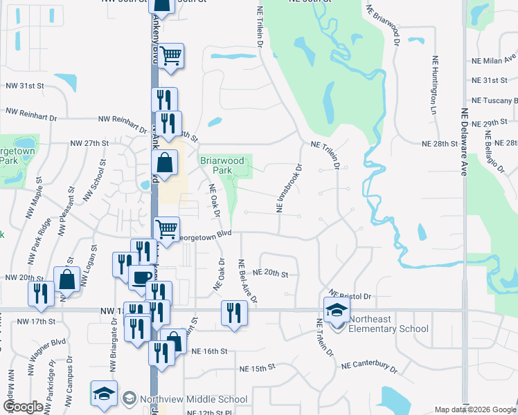map of restaurants, bars, coffee shops, grocery stores, and more near 404 Northeast 24th Court in Ankeny