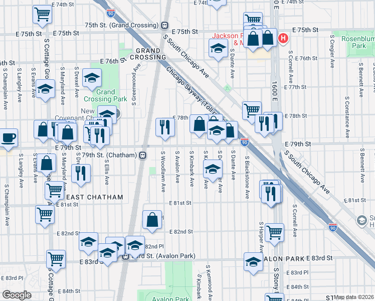 map of restaurants, bars, coffee shops, grocery stores, and more near 7906 South Kimbark Avenue in Chicago
