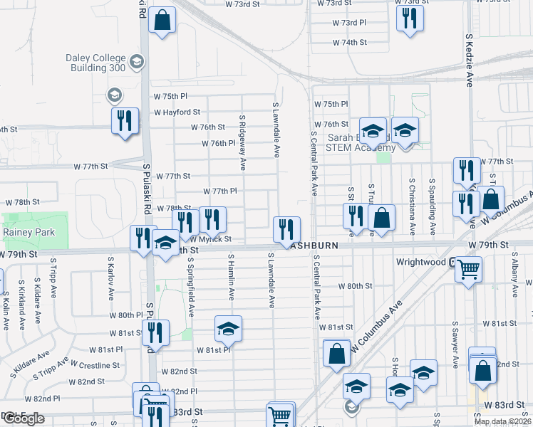 map of restaurants, bars, coffee shops, grocery stores, and more near 3733 West 78th Street in Chicago