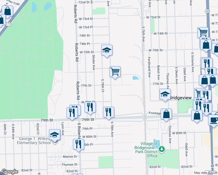 map of restaurants, bars, coffee shops, grocery stores, and more near 7716 78th Avenue in Bridgeview