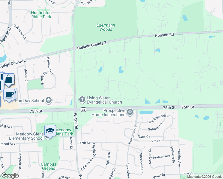 map of restaurants, bars, coffee shops, grocery stores, and more near 8S280 Blackthorne Lane in Naperville