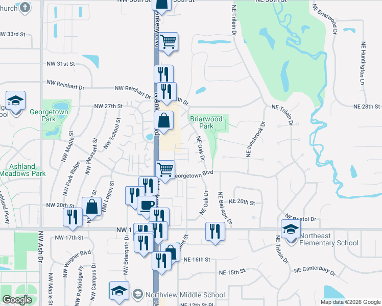 map of restaurants, bars, coffee shops, grocery stores, and more near 2406 Northeast Oak Drive in Ankeny