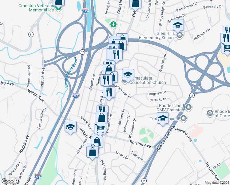map of restaurants, bars, coffee shops, grocery stores, and more near 158 Warman Avenue in Cranston