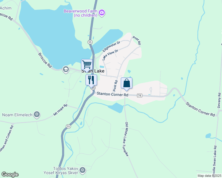 map of restaurants, bars, coffee shops, grocery stores, and more near 9 Teddy Bear Lane in Swan Lake