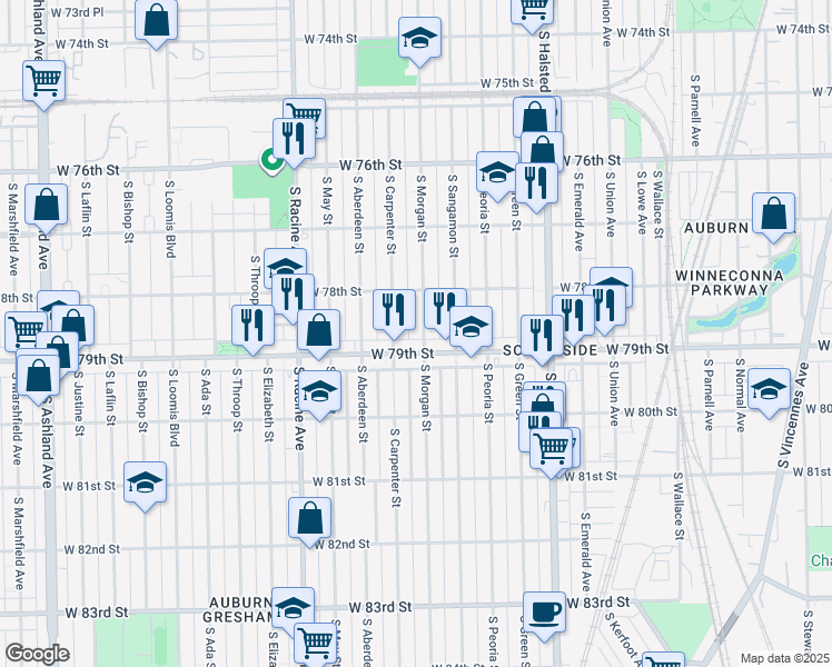 map of restaurants, bars, coffee shops, grocery stores, and more near 7840 South Morgan Street in Chicago