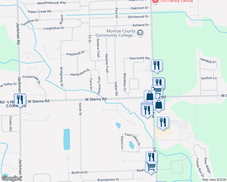 map of restaurants, bars, coffee shops, grocery stores, and more near 1234 West Sterns Road in Temperance