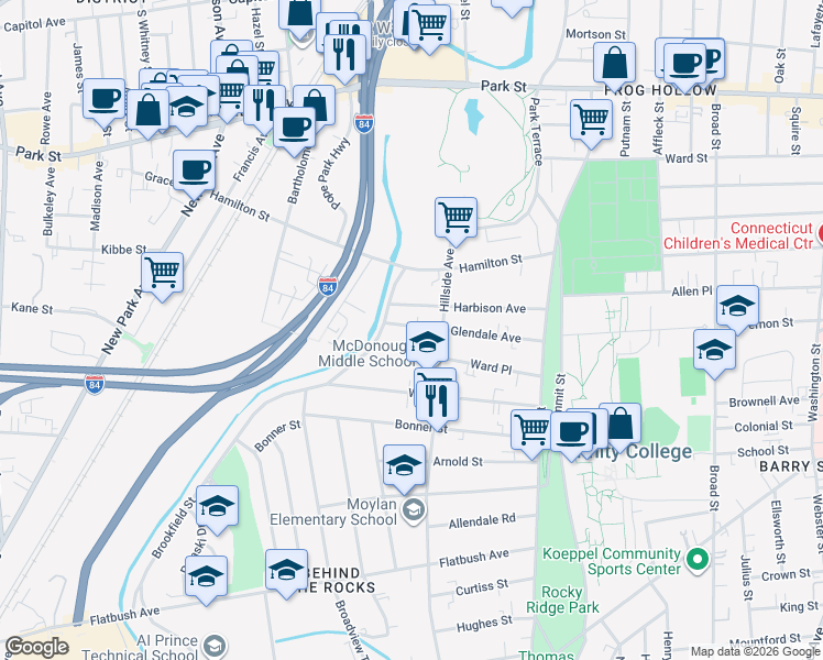 map of restaurants, bars, coffee shops, grocery stores, and more near 137 Glendale Avenue in Hartford