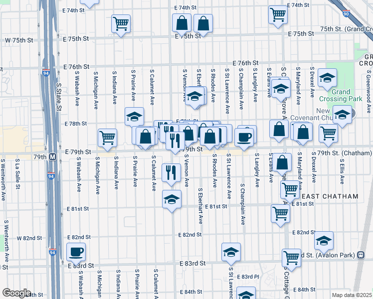 map of restaurants, bars, coffee shops, grocery stores, and more near E 79th St & S Vernon Ave in Chicago