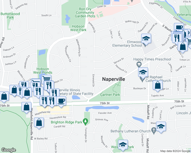 map of restaurants, bars, coffee shops, grocery stores, and more near 564 Cypress Drive in Naperville