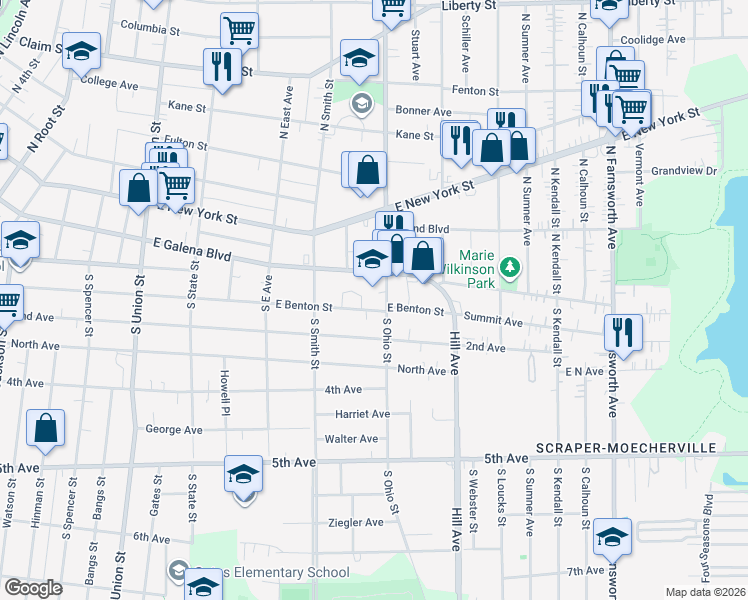 map of restaurants, bars, coffee shops, grocery stores, and more near 954 East Benton Street in Aurora