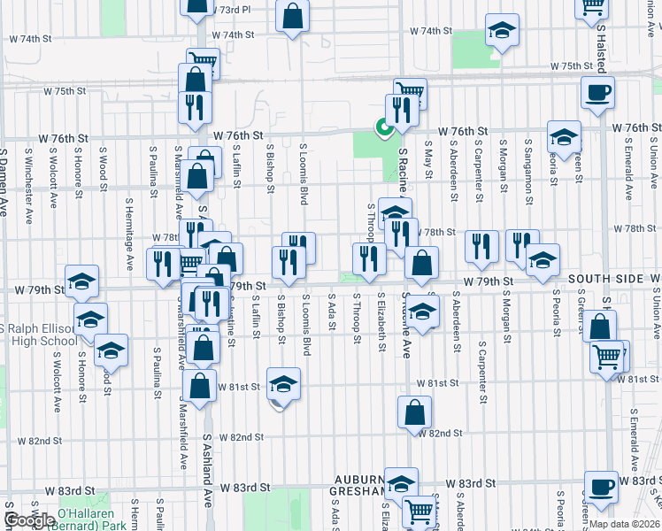 map of restaurants, bars, coffee shops, grocery stores, and more near 7848 South Ada Street in Chicago