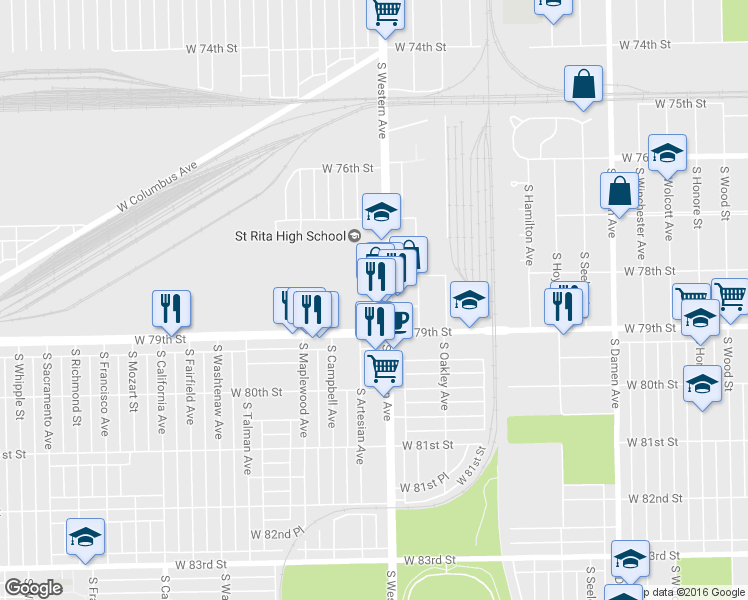 map of restaurants, bars, coffee shops, grocery stores, and more near 7820 South Western Avenue in Chicago