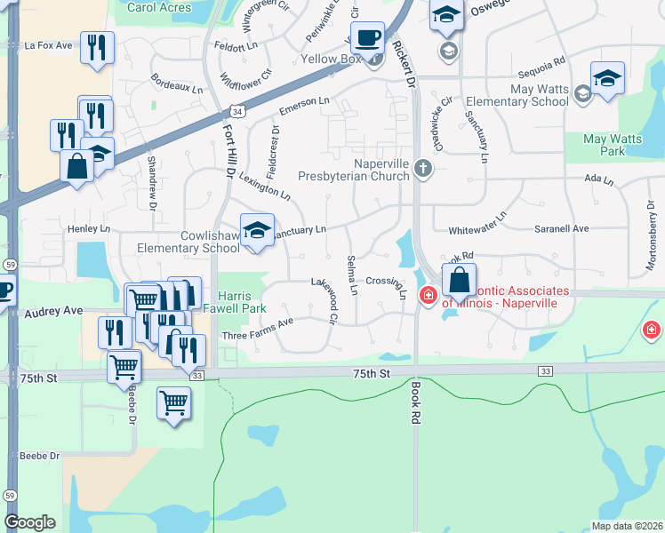 map of restaurants, bars, coffee shops, grocery stores, and more near 1131 Lakewood Circle in Naperville