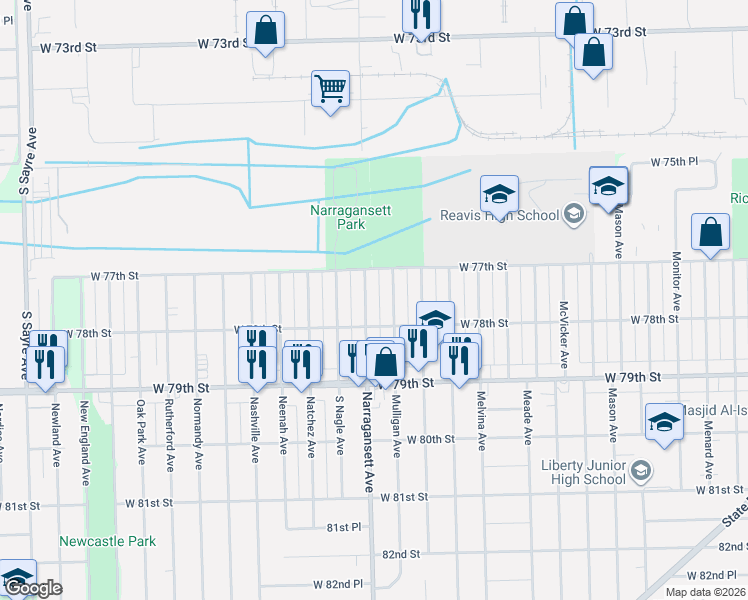 map of restaurants, bars, coffee shops, grocery stores, and more near 7727 Narragansett Avenue in Burbank