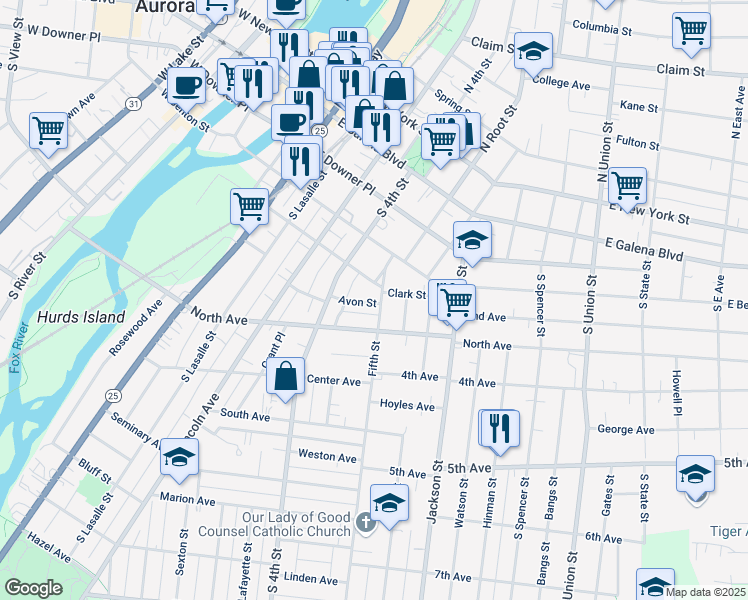 map of restaurants, bars, coffee shops, grocery stores, and more near 221 Fifth Street in Aurora