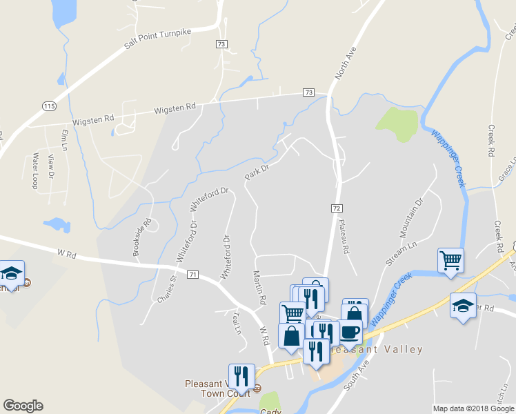 map of restaurants, bars, coffee shops, grocery stores, and more near 102 Park Drive in Pleasant Valley