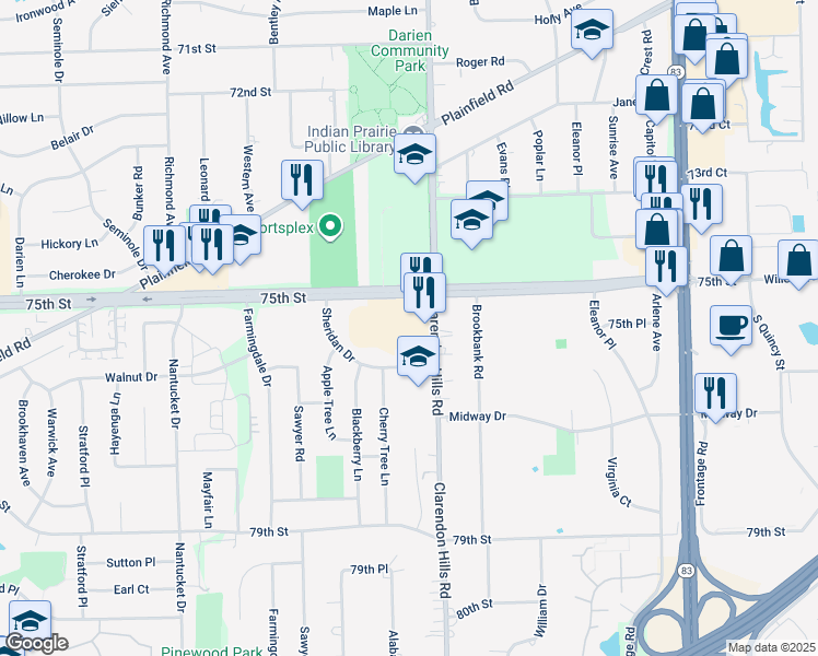 map of restaurants, bars, coffee shops, grocery stores, and more near 327 75th Street in Willowbrook