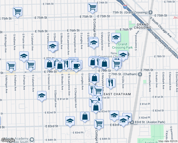 map of restaurants, bars, coffee shops, grocery stores, and more near 743 East 79th Street in Chicago