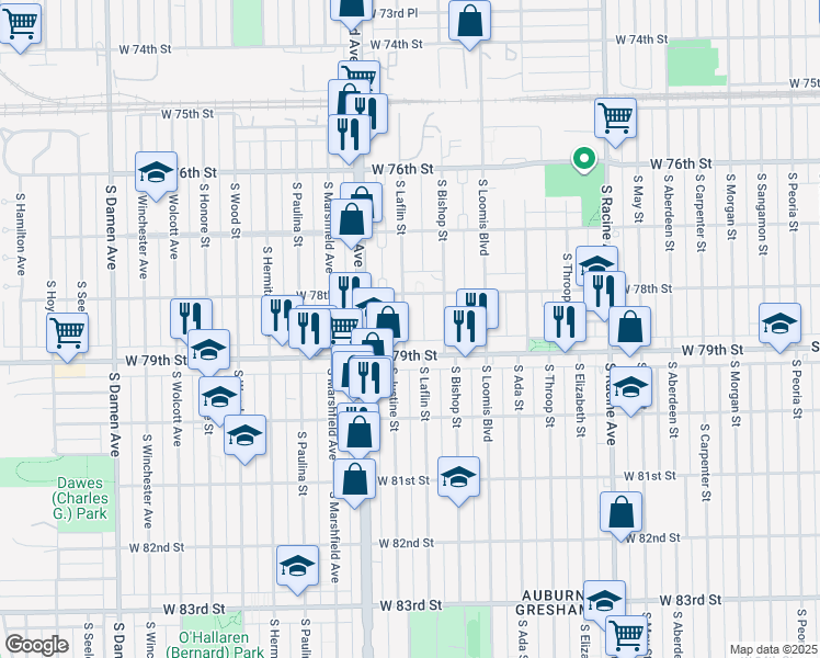 map of restaurants, bars, coffee shops, grocery stores, and more near 7843 South Laflin Street in Chicago