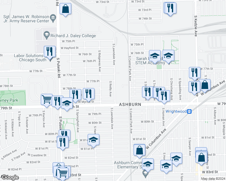 map of restaurants, bars, coffee shops, grocery stores, and more near 7805 South Reilly Avenue in Chicago