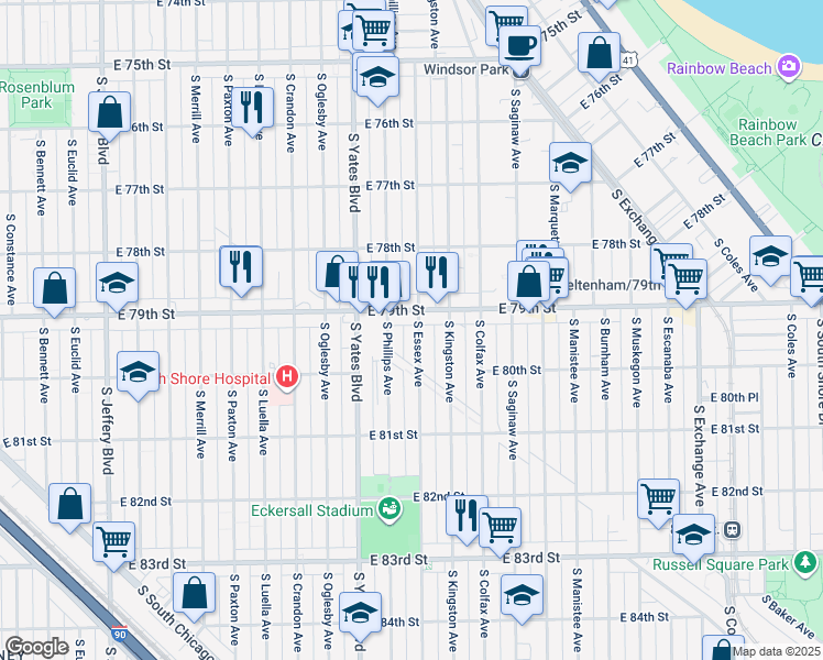 map of restaurants, bars, coffee shops, grocery stores, and more near 7918 South Essex Avenue in Chicago