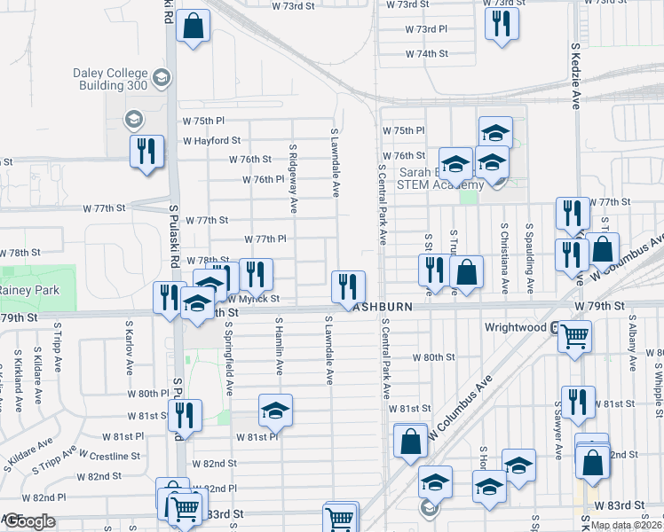 map of restaurants, bars, coffee shops, grocery stores, and more near 7805 South Reilly Avenue in Chicago