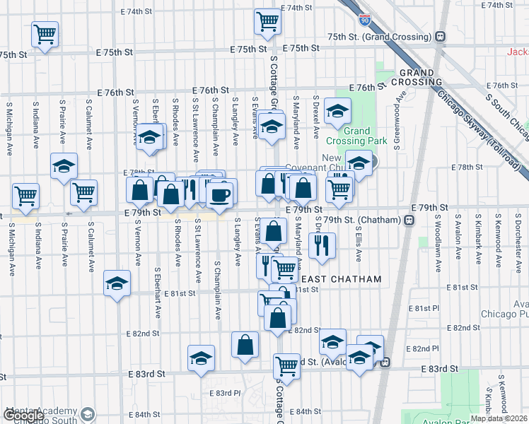map of restaurants, bars, coffee shops, grocery stores, and more near 743 East 79th Street in Chicago