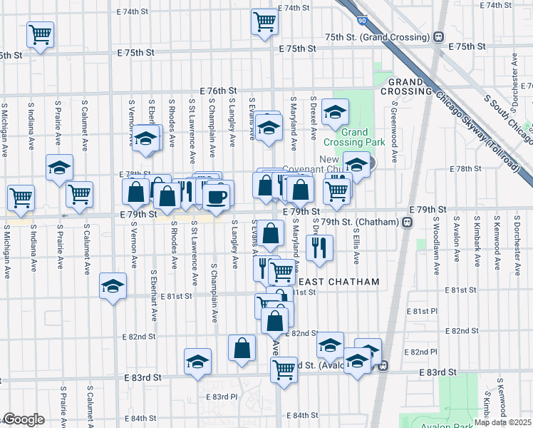 map of restaurants, bars, coffee shops, grocery stores, and more near 743 East 79th Street in Chicago