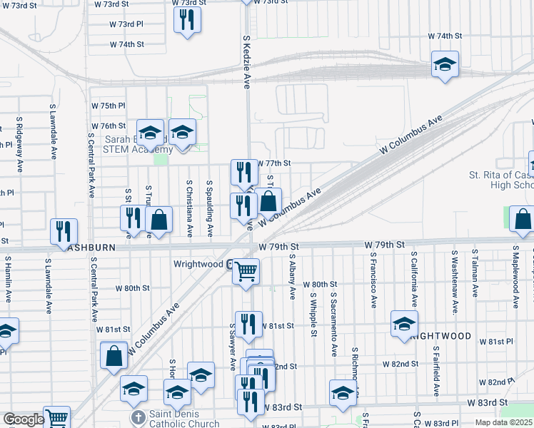 map of restaurants, bars, coffee shops, grocery stores, and more near 3156 West Columbus Avenue in Chicago