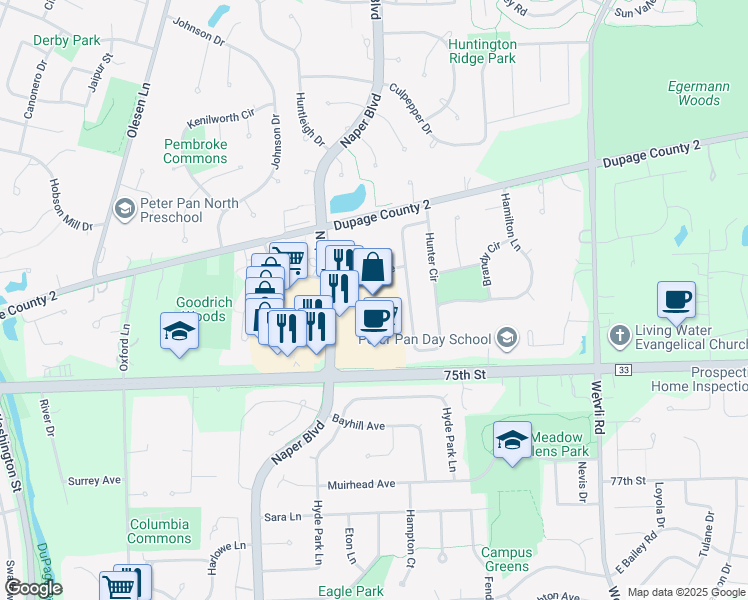 map of restaurants, bars, coffee shops, grocery stores, and more near 1212 South Naper Boulevard in Naperville