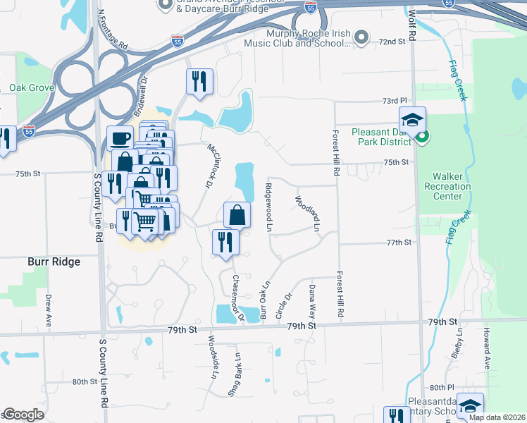 map of restaurants, bars, coffee shops, grocery stores, and more near 81 Trent Court in Burr Ridge