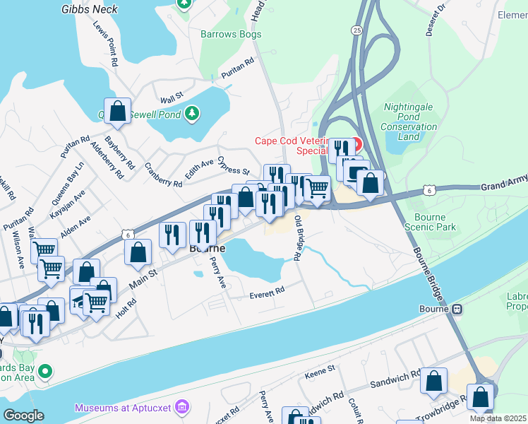 map of restaurants, bars, coffee shops, grocery stores, and more near 267 Main Street in Bourne