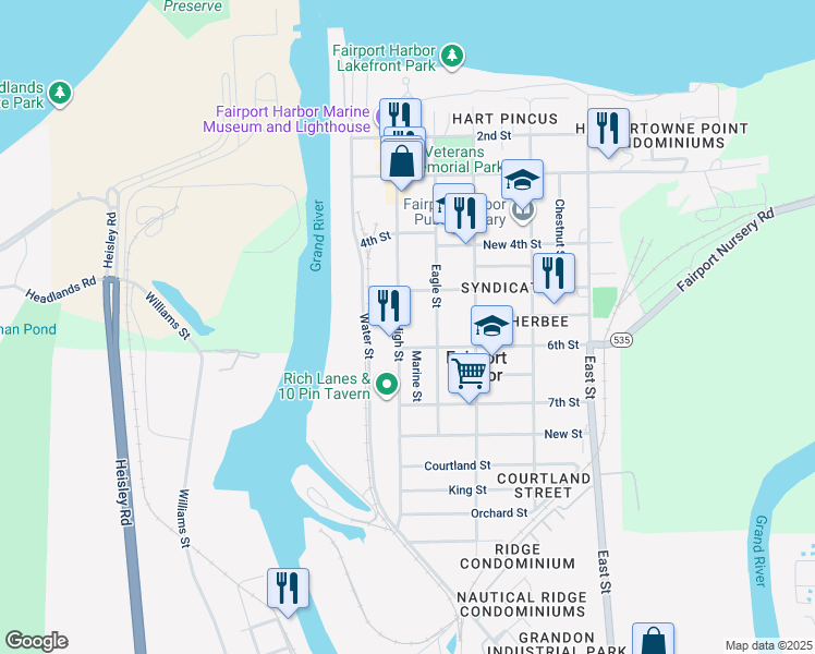 map of restaurants, bars, coffee shops, grocery stores, and more near 533 Eagle Street in Fairport Harbor