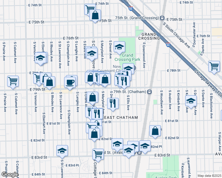 map of restaurants, bars, coffee shops, grocery stores, and more near 7906 South Drexel Avenue in Chicago