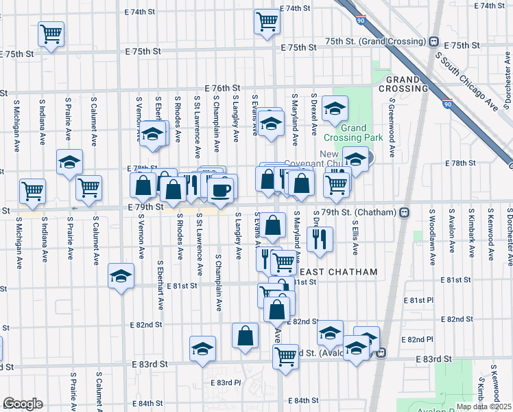 map of restaurants, bars, coffee shops, grocery stores, and more near 743 East 79th Street in Chicago