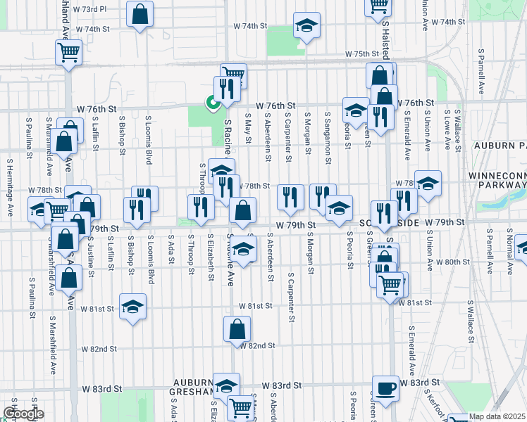 map of restaurants, bars, coffee shops, grocery stores, and more near 7845 South Aberdeen Street in Chicago