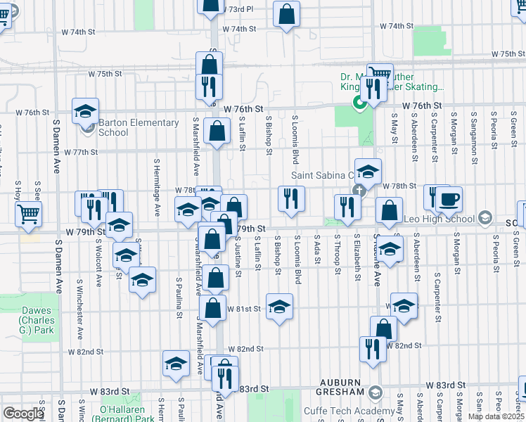 map of restaurants, bars, coffee shops, grocery stores, and more near 7841 South Bishop Street in Chicago