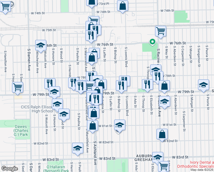 map of restaurants, bars, coffee shops, grocery stores, and more near 7843 South Laflin Street in Chicago