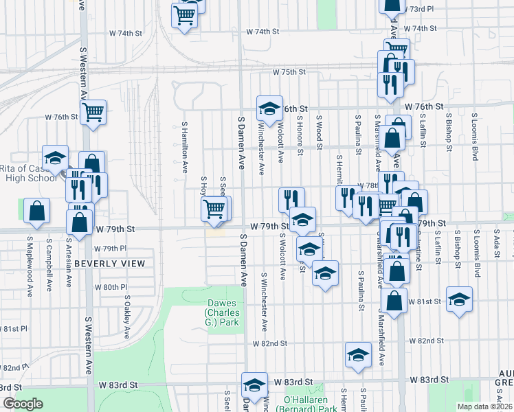map of restaurants, bars, coffee shops, grocery stores, and more near 7843 South Winchester Avenue in Chicago