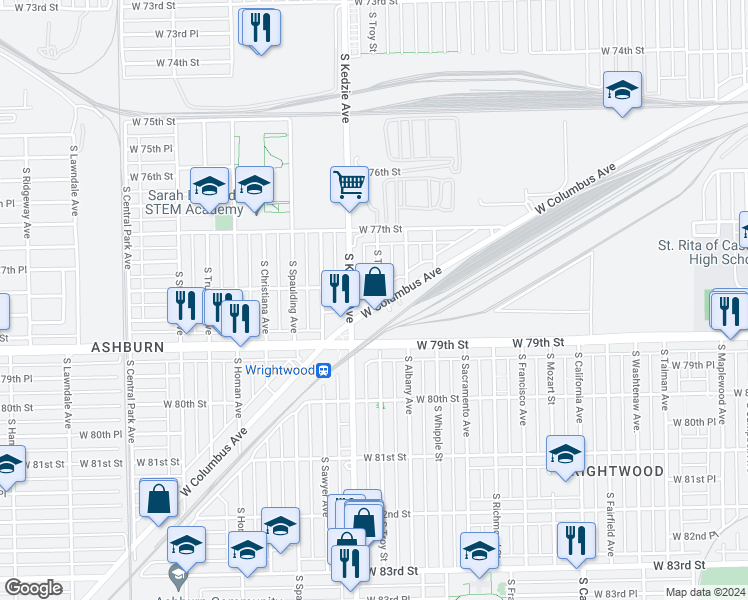 map of restaurants, bars, coffee shops, grocery stores, and more near 3156 West Columbus Avenue in Chicago