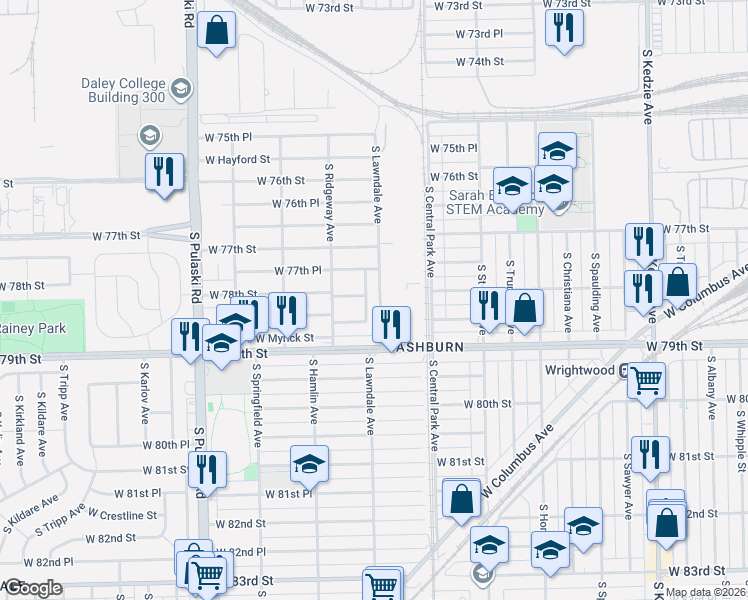 map of restaurants, bars, coffee shops, grocery stores, and more near 7805 South Reilly Avenue in Chicago