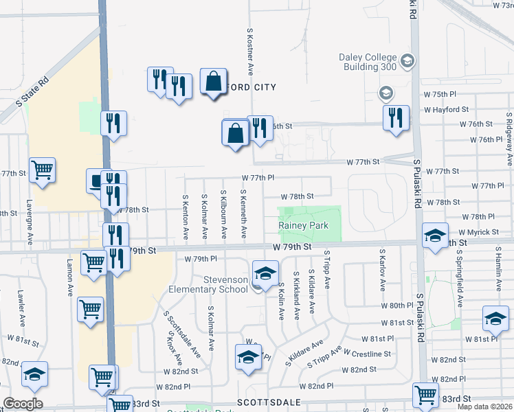 map of restaurants, bars, coffee shops, grocery stores, and more near 7814 South Kostner Avenue in Chicago